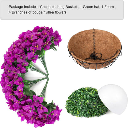 Artificial Hanging Flowers Faux Plants Basket for Outdoors Spring Summer Decor, Fake Silk Bougainvillea in Planter Outdoor Look Real UV Resistant Faux Flower for Outside Porch Patio Garden Home, White