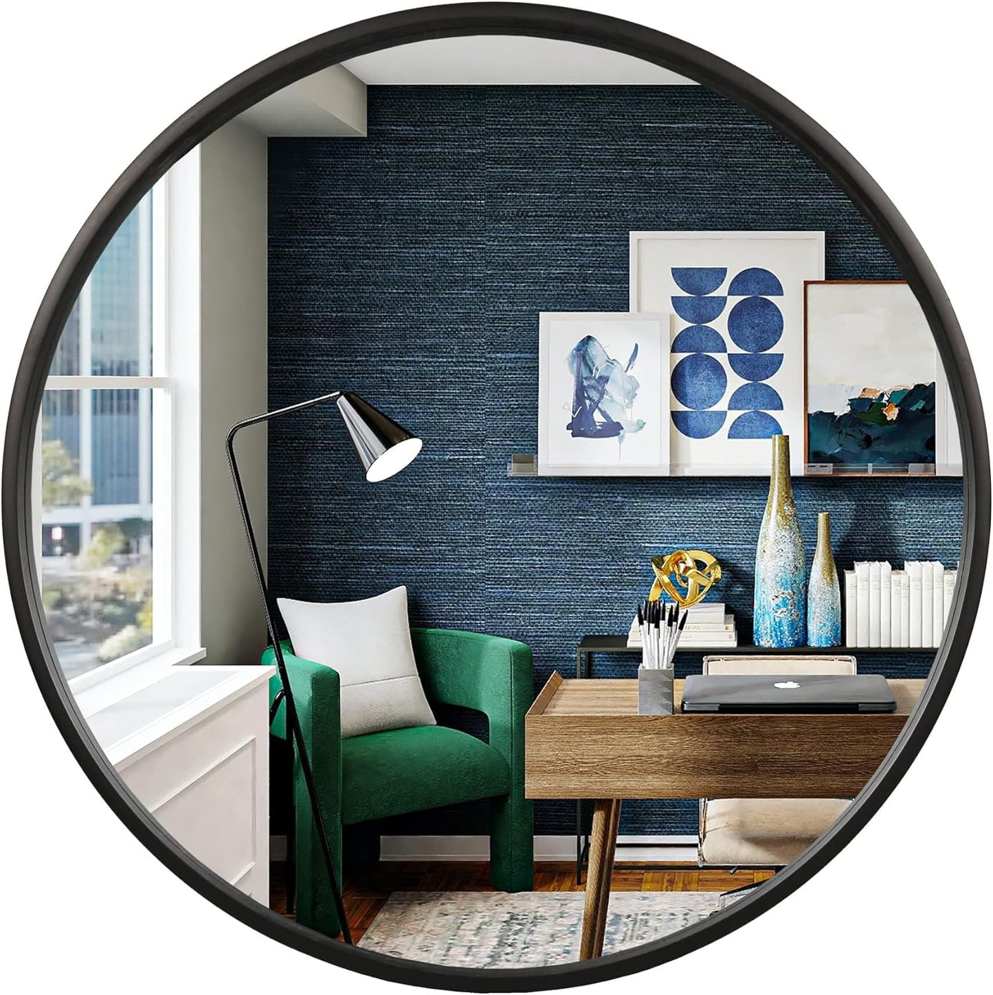 WallBeyond Wood Round Mirror with Wood Frame 24 inch Circle Wall Mirror for Bathroom Round Wall Mirror for Wall Decor, Vanity, Entryway Living Room (Walnut)