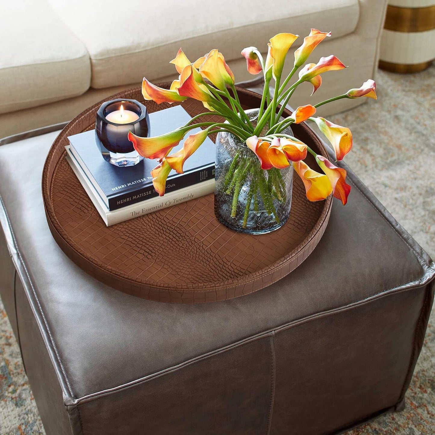 HofferRuffer Round Serving Tray 20'', Elegant Faux Leather Circle Ottoman Table Tray, Serve Tea Coffee Breakfast in Bedroom Living Room Kitchen (Brown)