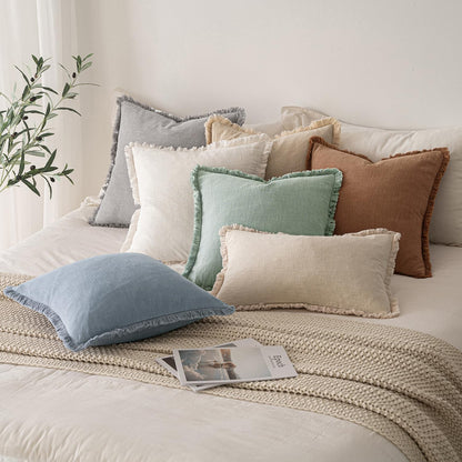 MIULEE Decorative Throw Pillow Covers Neutral Linen Fringe Throw Pillows Set of 2 Natural Beige Boho Farmhouse Cushion Covers with Tassels for Couch Sofa Bed Spring Home Decor 20x20 Inch