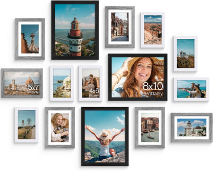 Vittanly 15 Pack Picture Frames Collage Wall Decor for Mounting or Tabletop Display, Gallery Frame Set for Family, Multi Sizes Including 3pcs 8x10, 6pcs 5x7, 6pcs 4x6, Black