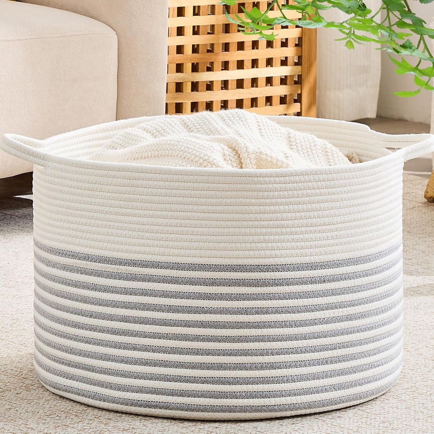 KAKAMAY Large Blanket Basket (20"x13"),Woven Baskets for storage Baby Laundry Hamper, Cotton Rope Blanket Basket for Living Room, Laundry, Nursery, Pillows, Baby Toy chest (White/Brown)