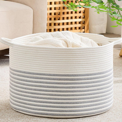 KAKAMAY Large Blanket Basket (20"x13"),Woven Baskets for storage Baby Laundry Hamper, Cotton Rope Blanket Basket for Living Room, Laundry, Nursery, Pillows, Baby Toy chest (White/Brown)