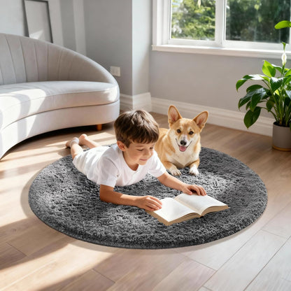 Ophanie Round Rugs 5Ft Ivory Circle Area Rug, Nursery Room Decor, Christmas Aesthetic Bedroom Home Circular Carpet 5 Foot, Fluffy Fuzzy Shag Plush Cream Living Room Rugs for Kids Boys Girls Teen Baby