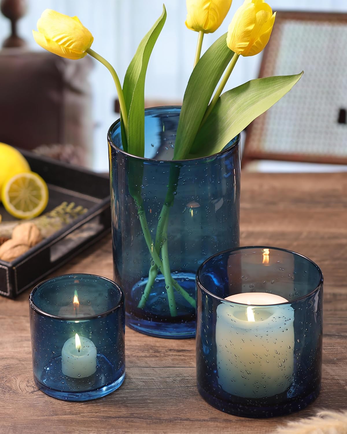 NITIME Hurricane Candle Holder Set of 3 Clear Candle Holders for Pillar Candles, Seeded Bubbles Glass Candle Holder for table centerpiece, Glass Cylinder Vases for Home, Patio and Wedding 8"4.7"3.5"H
