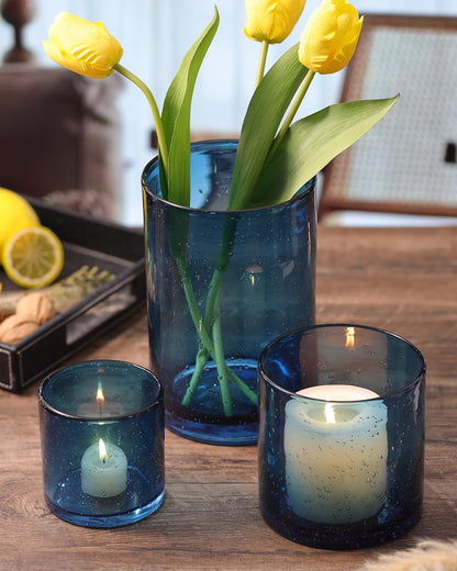 NITIME Hurricane Candle Holder Set of 3 Clear Candle Holders for Pillar Candles, Seeded Bubbles Glass Candle Holder for table centerpiece, Glass Cylinder Vases for Home, Patio and Wedding 8"4.7"3.5"H