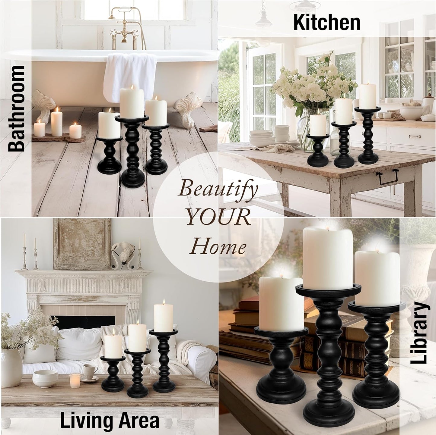 Large Candle Holders for Pillar Candles (3 Piece Set) Tall Rustic Wood Farmhouse Pillar Candlestick Stands - Fits 4 inch inch Wide Pillar Candles - Modern Candle Holder Decor (Antique White)