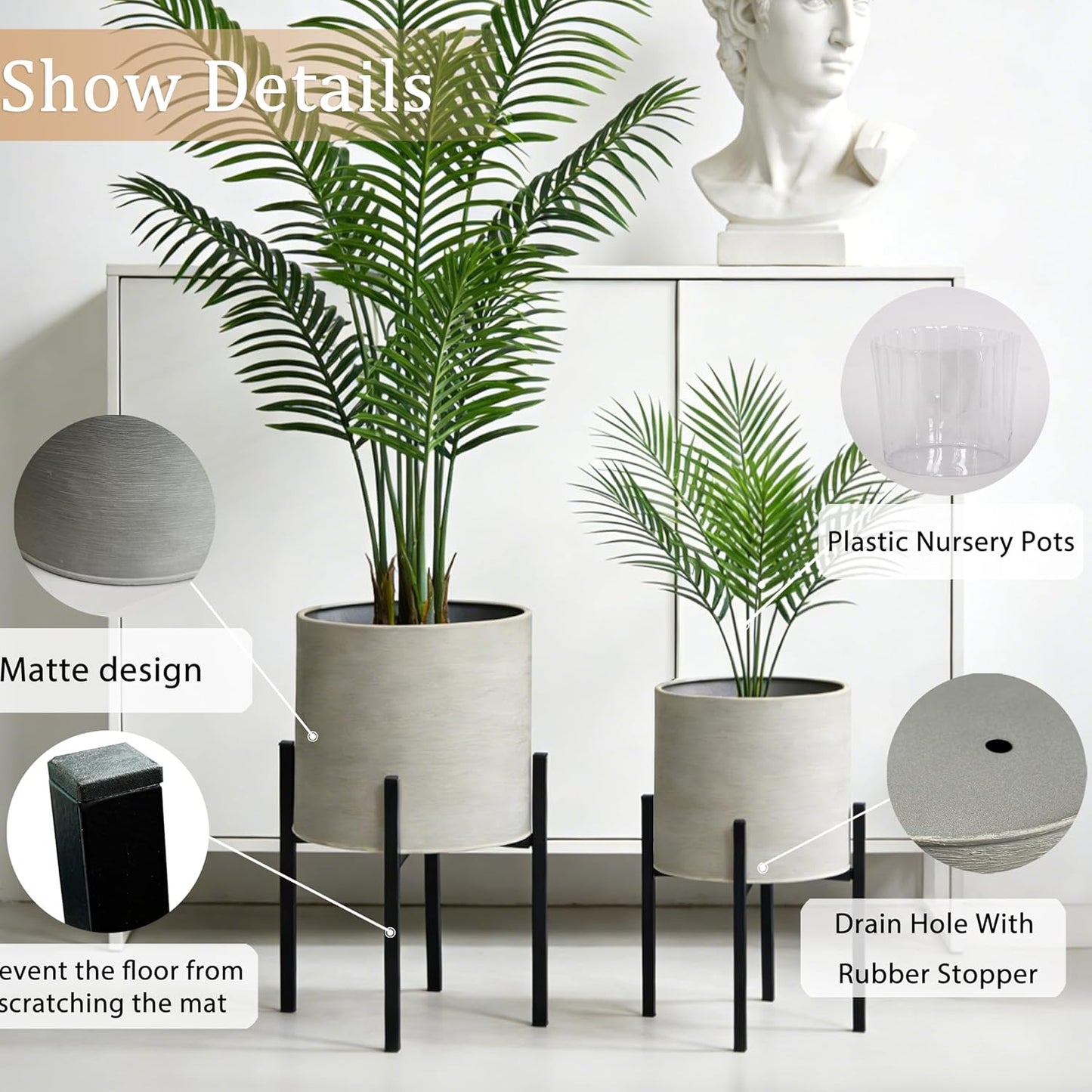 ARNIS Modern Plant Pots, Set of 2 Large Planters with Stand, Decorative Planters, Metal Pots with Drainage Holes for Living Room, Office, Garden or Balcony, 8.25 &10.5 Inch, Dirt
