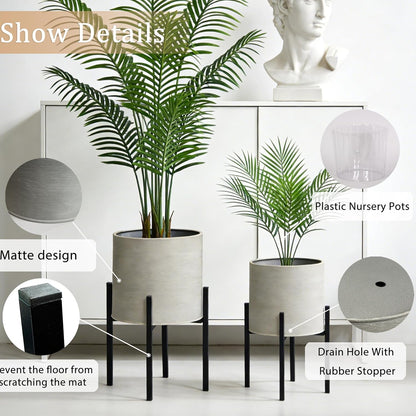 ARNIS Modern Plant Pots, Set of 2 Large Planters with Stand, Decorative Planters, Metal Pots with Drainage Holes for Living Room, Office, Garden or Balcony, 8.25 &10.5 Inch, Dirt