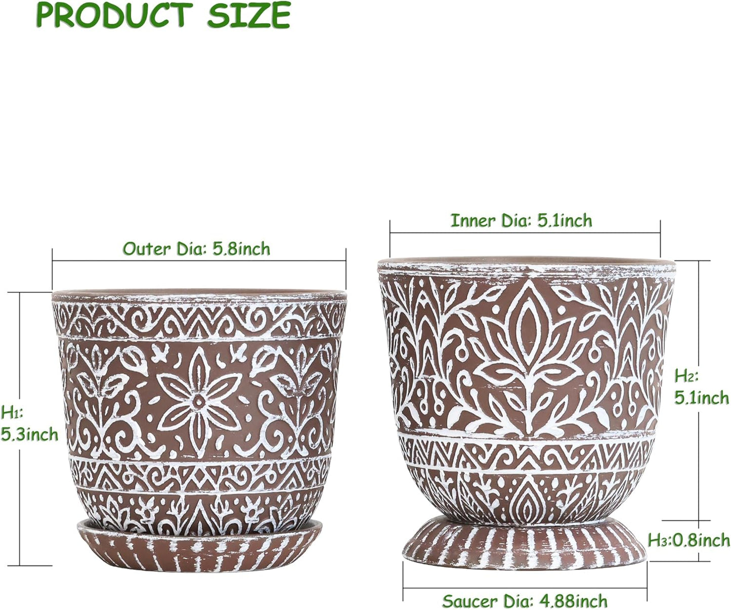 Gepege 6 Inch Beaded Ceramic Planter Set of 2 with Drainage Hole and Saucer for Plants, Indoor-Outdoor Large Round Succulent Orchid Flower Pot (Smoked Gray, Inner-pots not Larger Than 5 Inch)