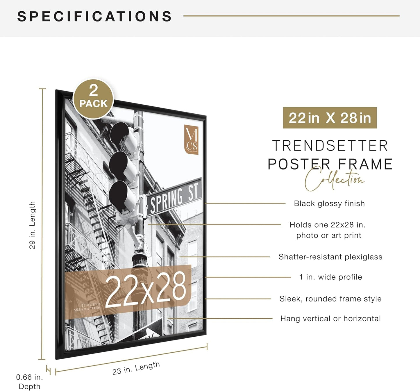 MCS Trendsetter 24x36 Poster Frame Black High-Gloss, Vertical & Horizontal Wall Hanging Large Picture Frame for Photos, Posters & Art Prints (1-Pack)