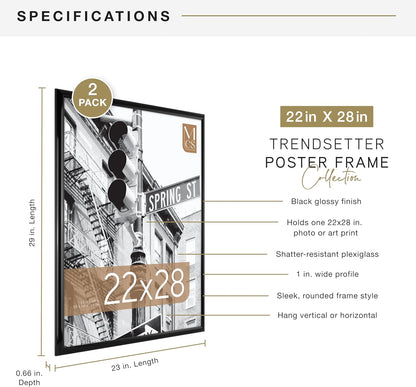 MCS Trendsetter 24x36 Poster Frame Black High-Gloss, Vertical & Horizontal Wall Hanging Large Picture Frame for Photos, Posters & Art Prints (1-Pack)