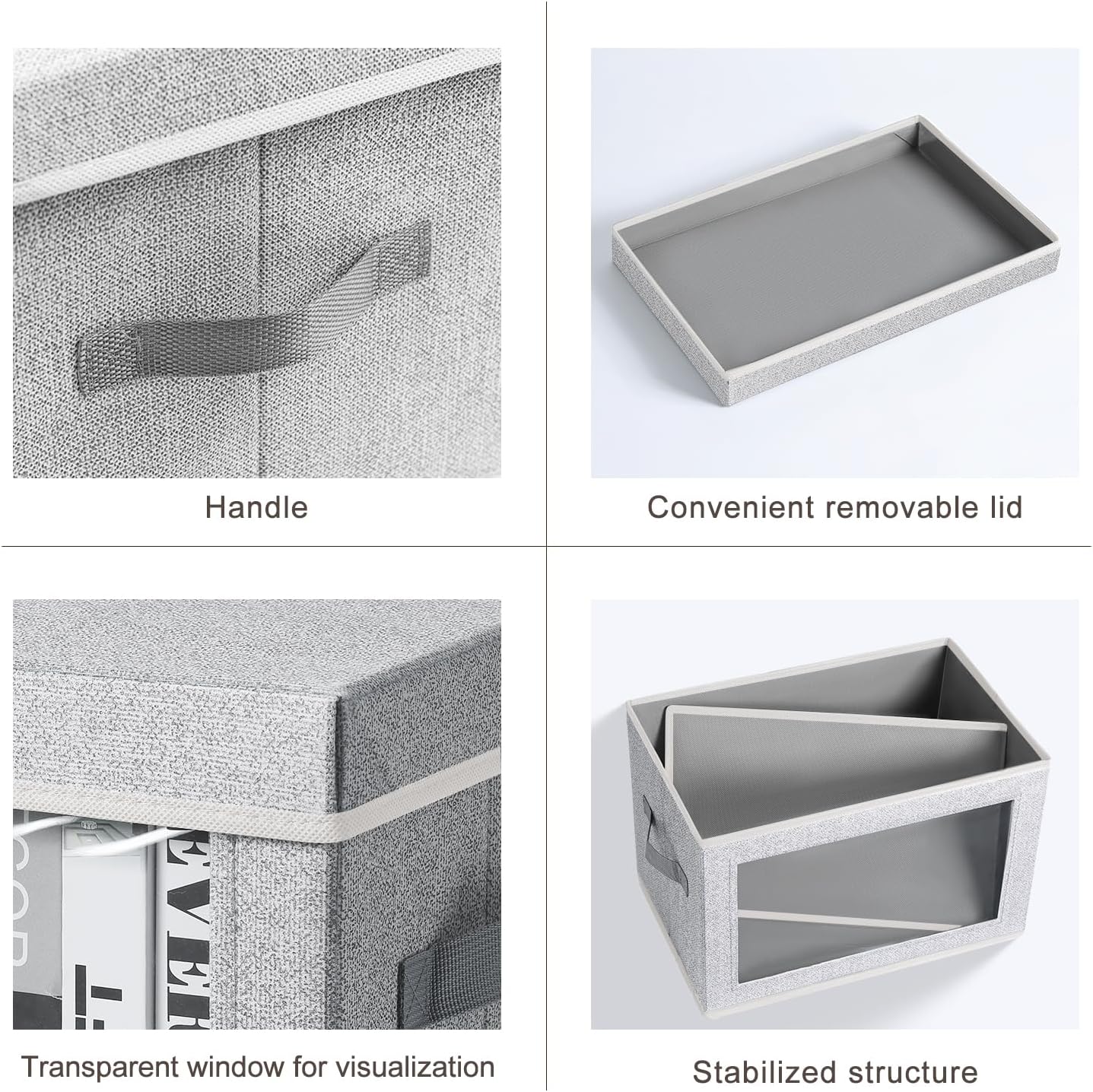 Homsorout Storage Bins with Lids - Fabric Closet Storage Bins with Window, Collapsible Baskets for Shelves 4 Pack, Home Decorative Boxes for Clothes, Closet, Office, Grey