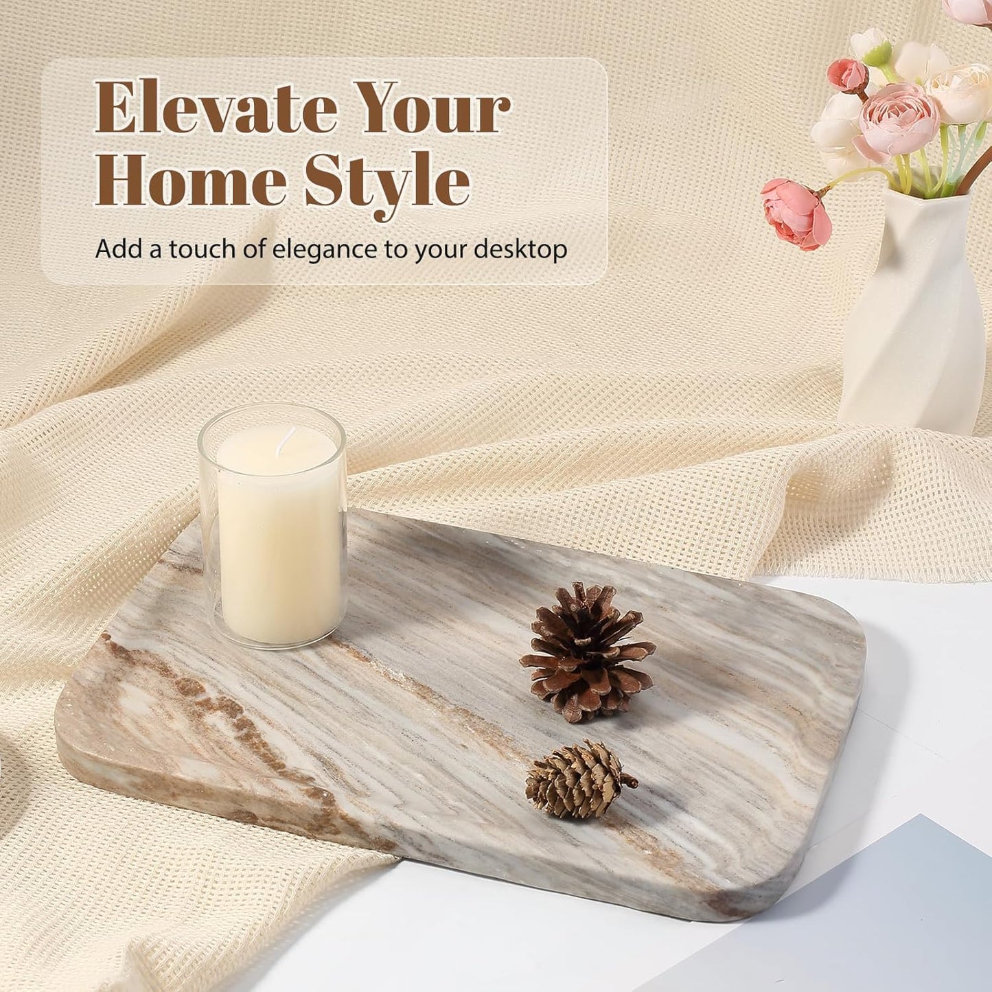 Koville Romano Travertine Tray, 12"x8" Natural Stone Vanity Tray for Countertop Bathroom Kitchen Dresser, Decorative Marble Catchall Trays for Perfume Jewelry, Rectangular Serving Tray(Beige)
