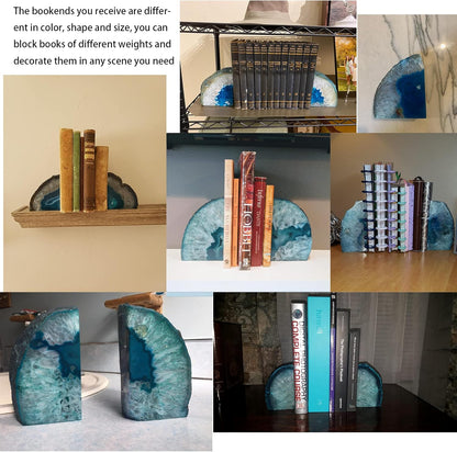 JIC Gem Dyed Blue Agate Bookends Geode Decorative Book Ends for Heavy Books with Rubber Bumpers for Office and Home Decoration Polished Small Size 2 to 3 Lbs