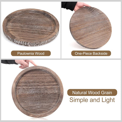 Round Decorative Tray for Coffee Dining Table Countertop Small Wooden Serving Trays Farmhouse Kitchen Home Living Room Decor and Bathroom Accessories Tray Black Rustic Wood Candle Centerpiece Trays