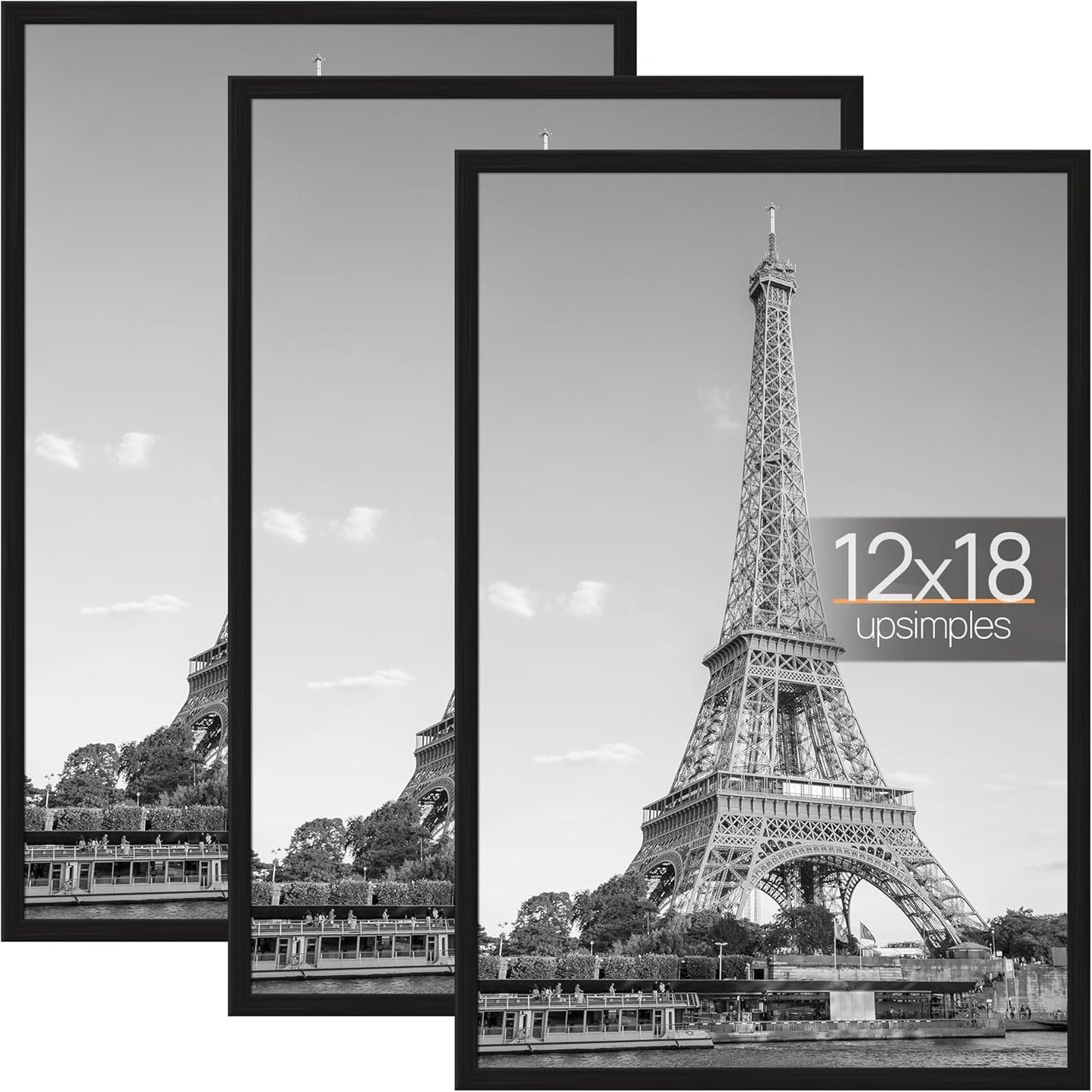 upsimples 18x24 Picture Frame Black 3 Pack, Scratch-Proof Poster Frames 18 x 24 for Photo Gallery - Slide-In Strips, Horizontal or Vertical Wall Mounting