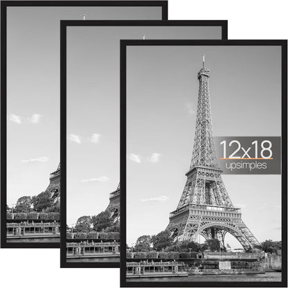 upsimples 18x24 Picture Frame Black 3 Pack, Scratch-Proof Poster Frames 18 x 24 for Photo Gallery - Slide-In Strips, Horizontal or Vertical Wall Mounting