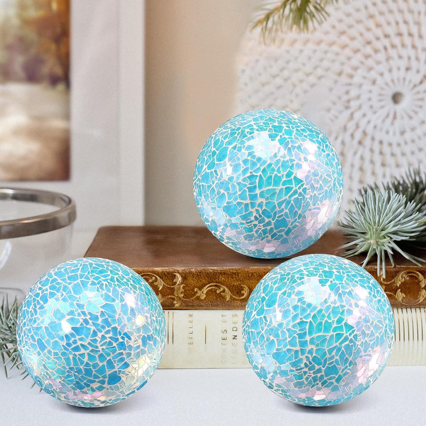 3Pcs Mosaic Glass Orbs Decorative Balls Set 8.5cm/3.35inch Blue Sphere Wedding Party Home Decor Table Centerpiece