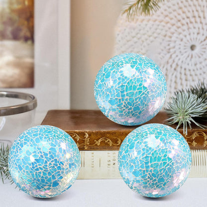 3Pcs Mosaic Glass Orbs Decorative Balls Set 8.5cm/3.35inch Blue Sphere Wedding Party Home Decor Table Centerpiece