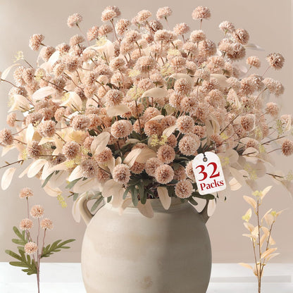 Alupssuc 16PCS Faux Silk Pompon Mums Artificial Flowers with Eucalyptus, Fake Chrysanthemum Floral for DIY Vase Arrangement, Long Stem Dining Table Centerpiece Home Decor, Beige