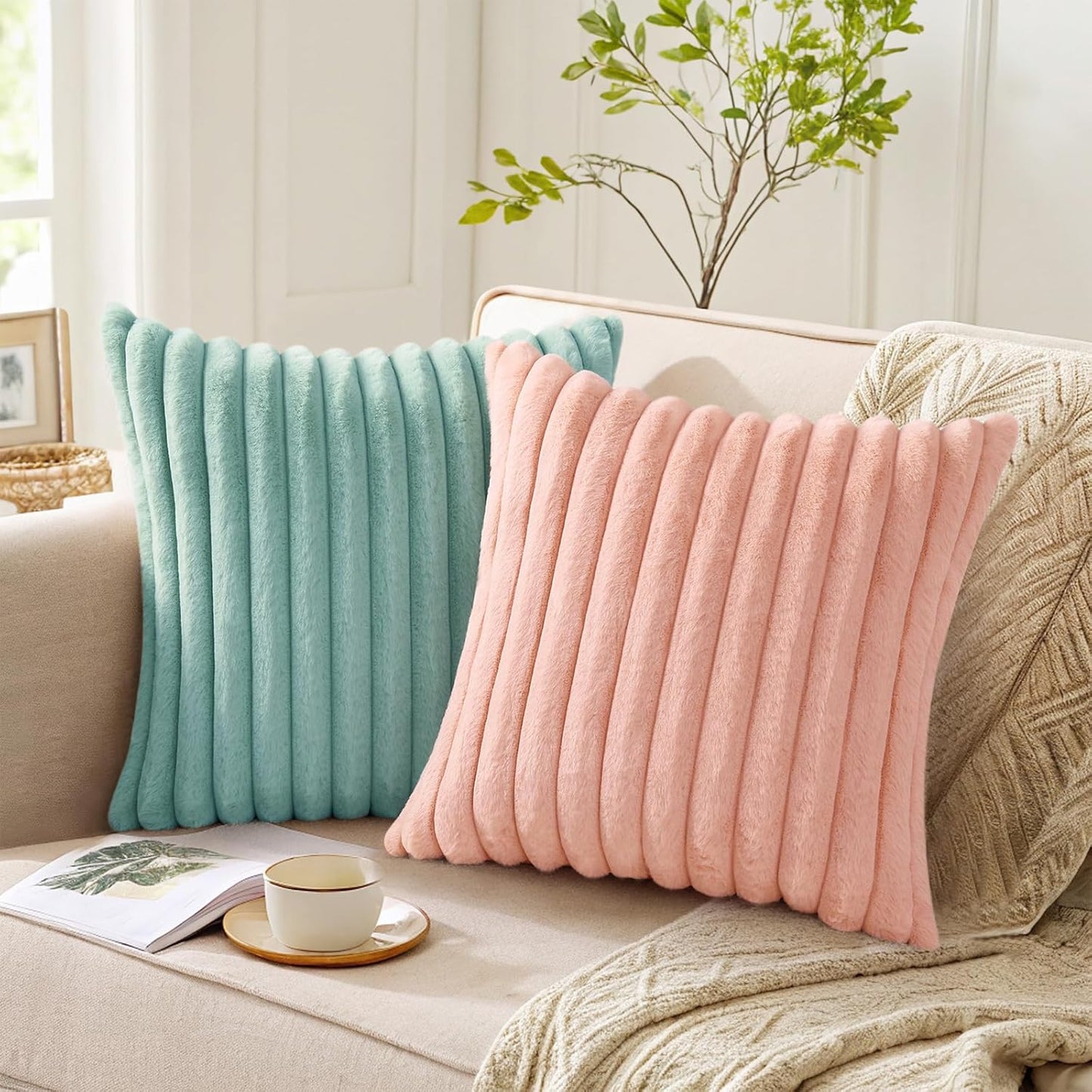 Pallene Faux Fur Plush Throw Pillow Covers 18x18 Set of 2, Luxury Soft Fluffy Striped Decorative Pillow Covers for Sofa, Couch, Living Room, Cream White