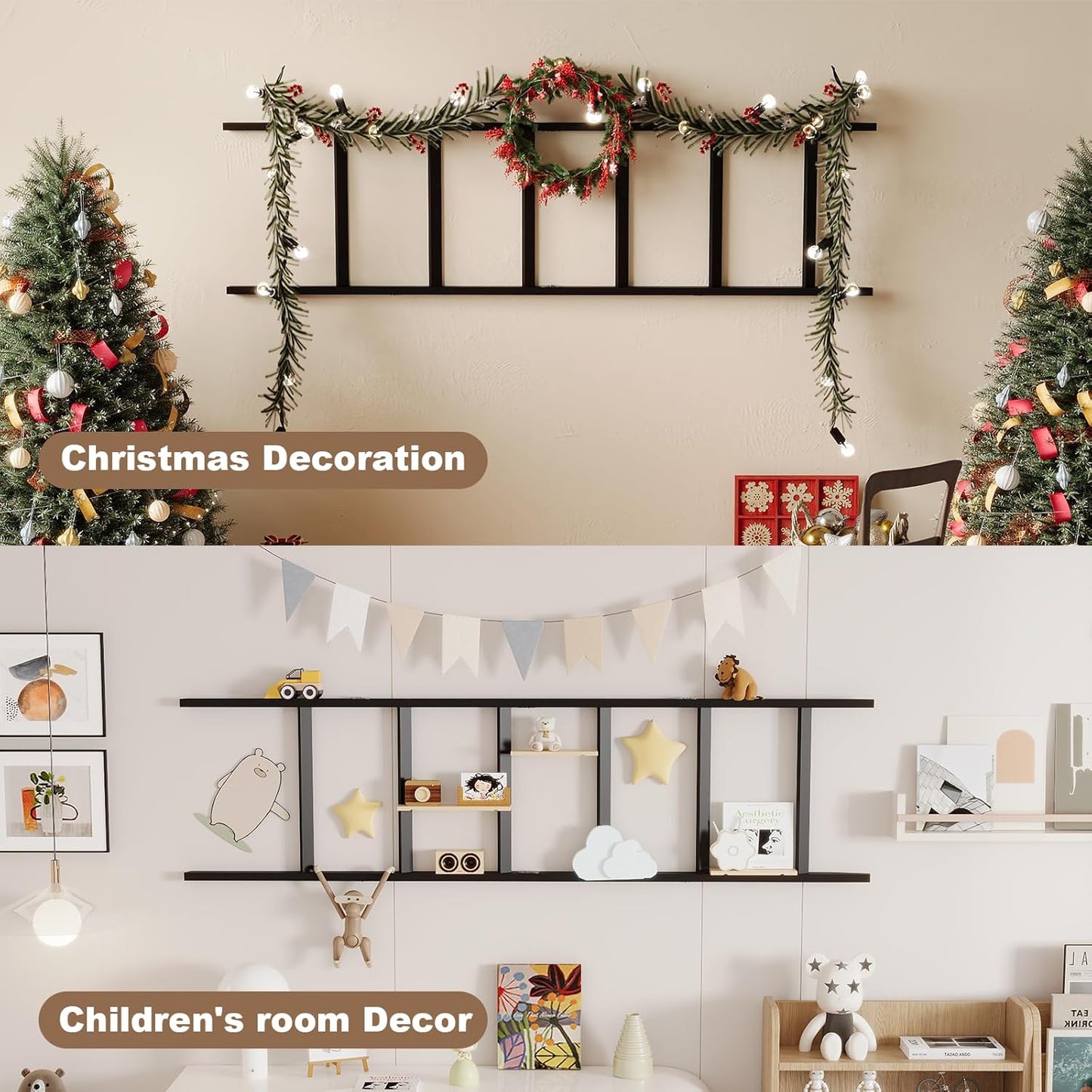 Blanket Ladder Towel Racks For Bathroom 5 Layers Towel Holder 100% Bamboo Wood Sturdy Construction No Need Wall Drilling Quilt Scarf Storage Solution Decorative Leaning Shelf for Living Room (White)