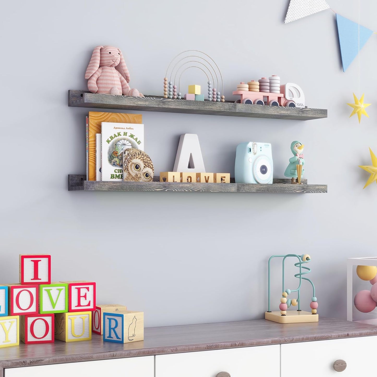 FLYJOE Picture Ledge Shelf, Floating Shelves Set of 2, Solid Pine Wood 55'' Long Large Nursery Book Shelves for Toys Storage, Kids Bookshelf for Living Room Bedroom Decor Books Photo Frames, Walnut