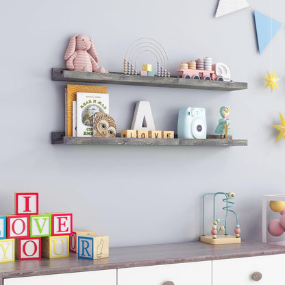 FLYJOE Picture Ledge Shelf, Floating Shelves Set of 2, Solid Pine Wood 55'' Long Large Nursery Book Shelves for Toys Storage, Kids Bookshelf for Living Room Bedroom Decor Books Photo Frames, Walnut
