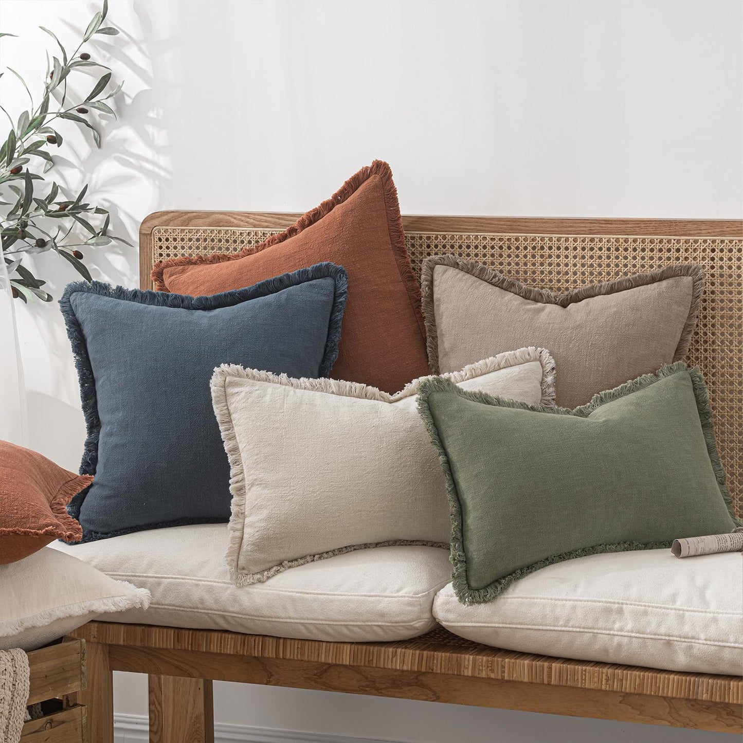 MIULEE Decorative Throw Pillow Covers Neutral Linen Fringe Throw Pillows Set of 2 Natural Beige Boho Farmhouse Cushion Covers with Tassels for Couch Sofa Bed Spring Home Decor 20x20 Inch