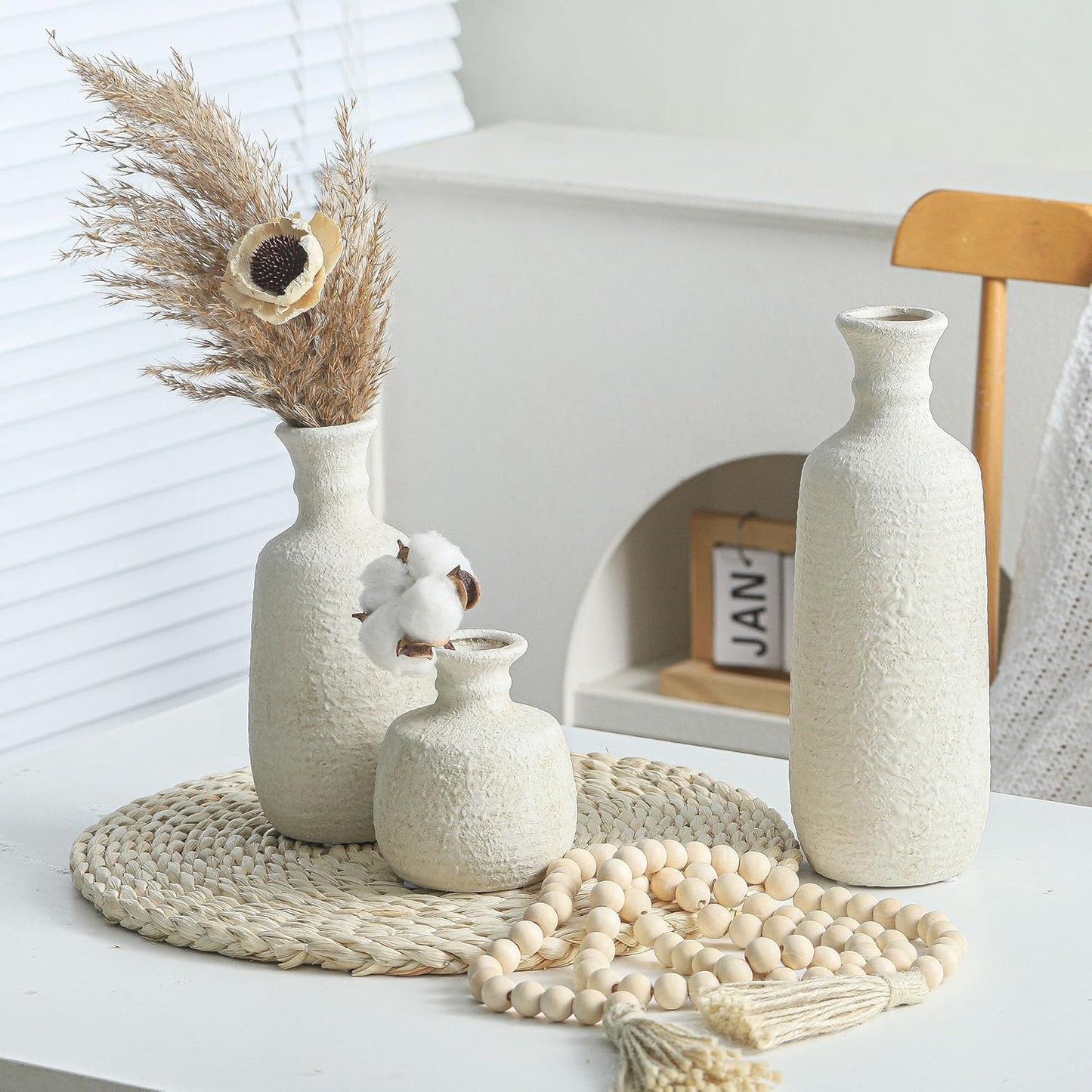 Ceramic Vase Set of 3 | Neutral Vase Home Decor with Handle | Pottery Modern Farmhouse Vases Pampas Grass Flower Vases for Home Decor Table Living Room Centerpieces Mantel Decor - Multicolor
