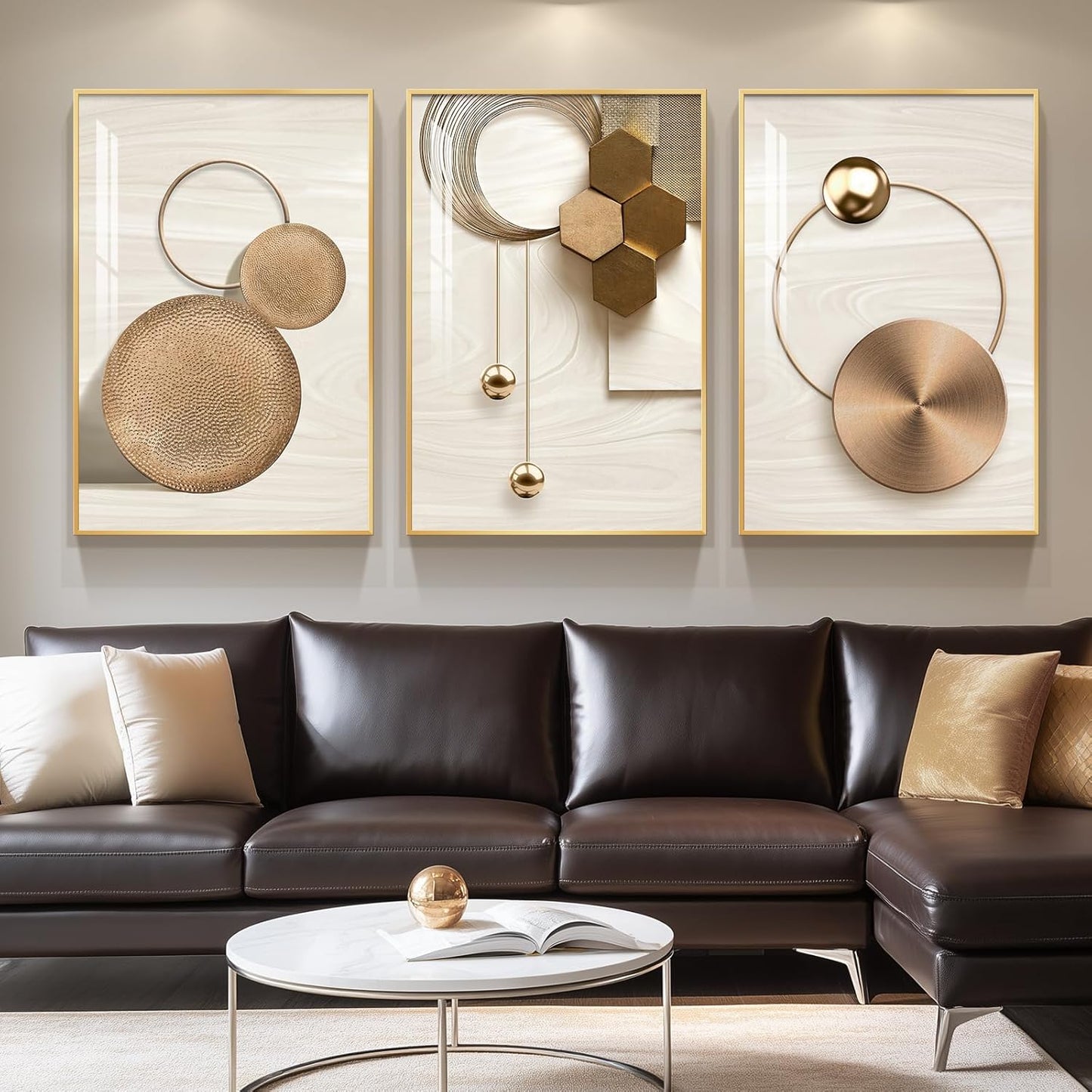 Framed Modern Luxury Gold Wall Art, Set of 3 Piece Contemporary Paintings Artwork for Walls, Golden Prints Pictures with Gold Frame, Wall Decor for Living Room, Hallway, Bedroom, Office 16x24 Inch