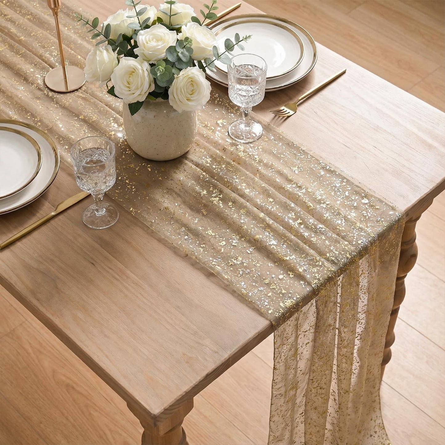 Artoid Mode Beige Gold Gauze Table Runner 120 Inch 10FT, Glitter Metallic Foil Sheer Dining Wedding Anniversary Holiday Birthday Table Decor for Home Party