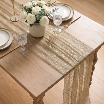 Artoid Mode Beige Gold Gauze Table Runner 120 Inch 10FT, Glitter Metallic Foil Sheer Dining Wedding Anniversary Holiday Birthday Table Decor for Home Party