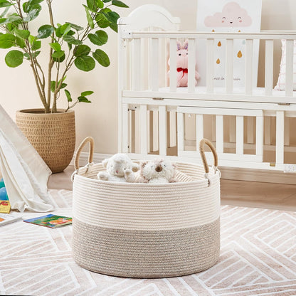 KAKAMAY Large Blanket Basket (20"x13"),Woven Baskets for storage Baby Laundry Hamper, Cotton Rope Blanket Basket for Living Room, Laundry, Nursery, Pillows, Baby Toy chest (White/Brown)