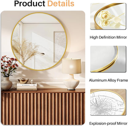 Bathroom Mirror for Wall, 24 Inch Round Mirror, Matte Black Metal Framed Circle Vanity Mirror for Bathroom Bedroom Living Room Entryway, Anti-Rust, Tempered Glass, Hanging or Leaning