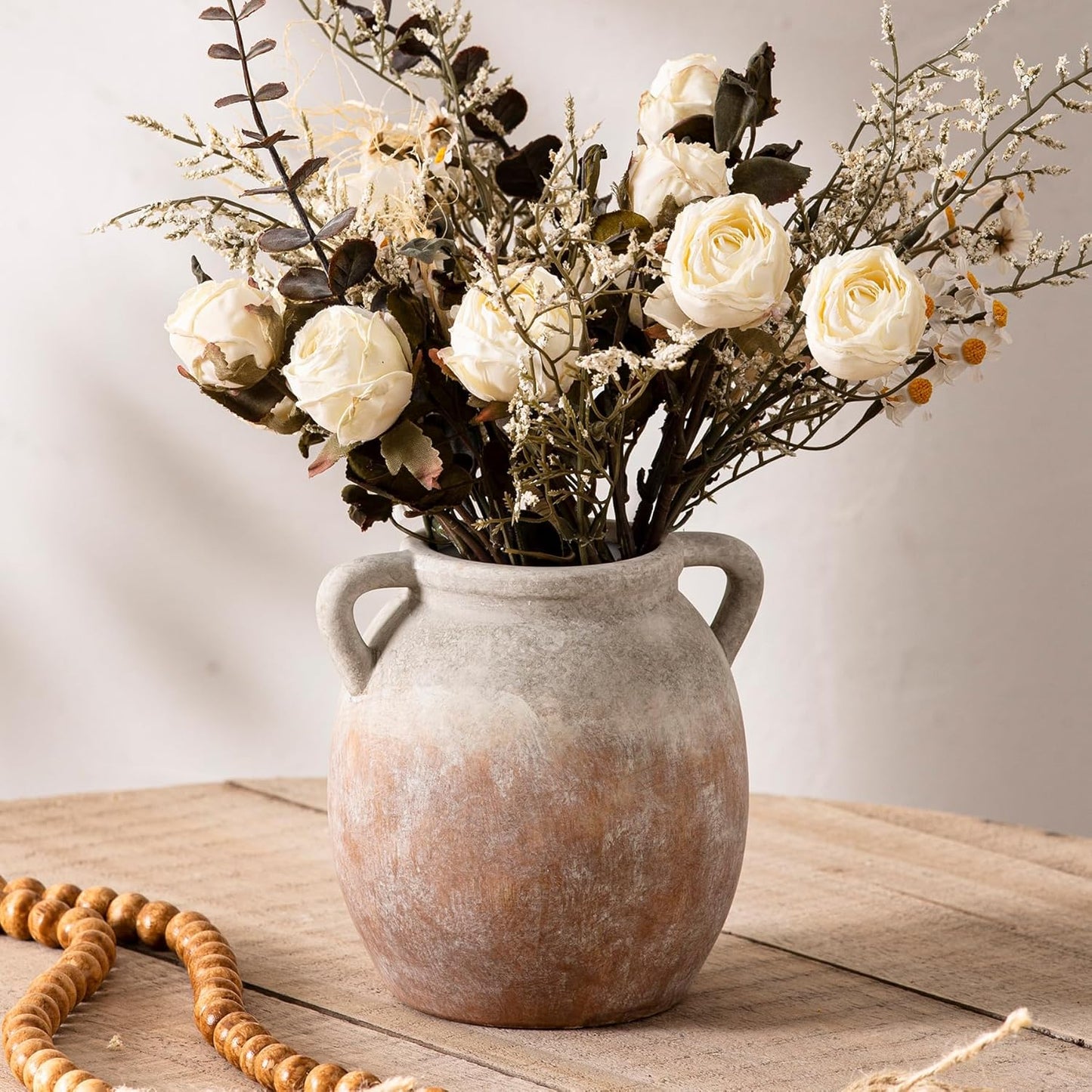 Dobbyby Ceramic Flower Vase 7.6 inch Farmhouse Rustic Vase Decorative Pottery Terracotta Vases for Home Decor Table Mantle Fireplace Living Room Bathroom Wedding Centerpiece (Whitewashed)