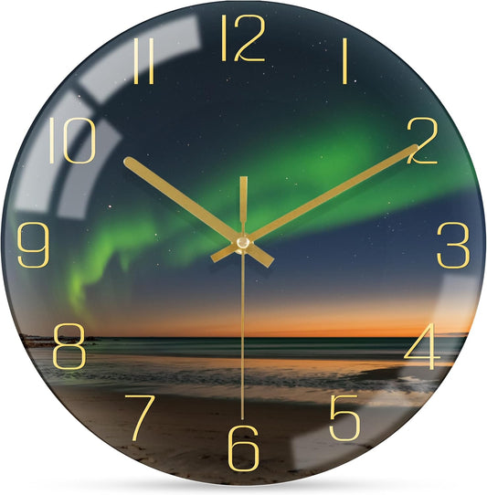 VIKMARI Black Modern Marble Texture Clock Gold Hands Rustic Kitchen Decor 12 Inch Wall Clock Battery Operated Non-Ticking Large Round Quartz Golden Decorative for Office Bedroom, Living Room