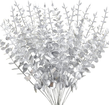 FEQO 36 Pcs Artificial Eucalyptus Stems Dark Brown Leaves Faux Eucalyptus Stems Branches 15 inch for Wedding Bouquet Home Deco