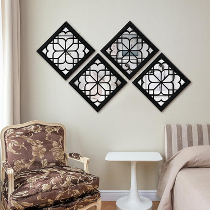 ZEXUIRU 4 Set. Rustic Wall Mirrors for Bedroom Bathroom Living Room Entryway Wood Farmhouse Square Easy to Hang Framed Decorative Accent Hanging Wall-Mounted Mirror Set for Living Room - Black