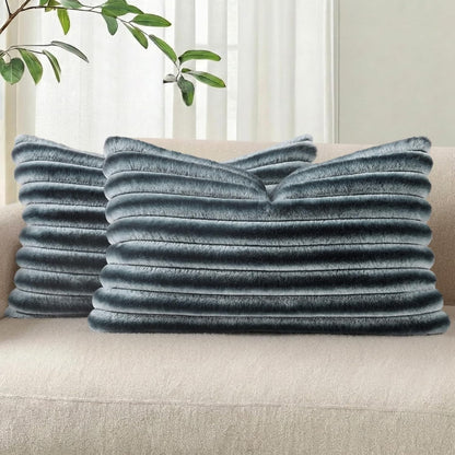 Pallene Faux Fur Plush Throw Pillow Covers 18x18 Set of 2, Luxury Soft Fluffy Striped Decorative Pillow Covers for Sofa, Couch, Living Room, Cream White