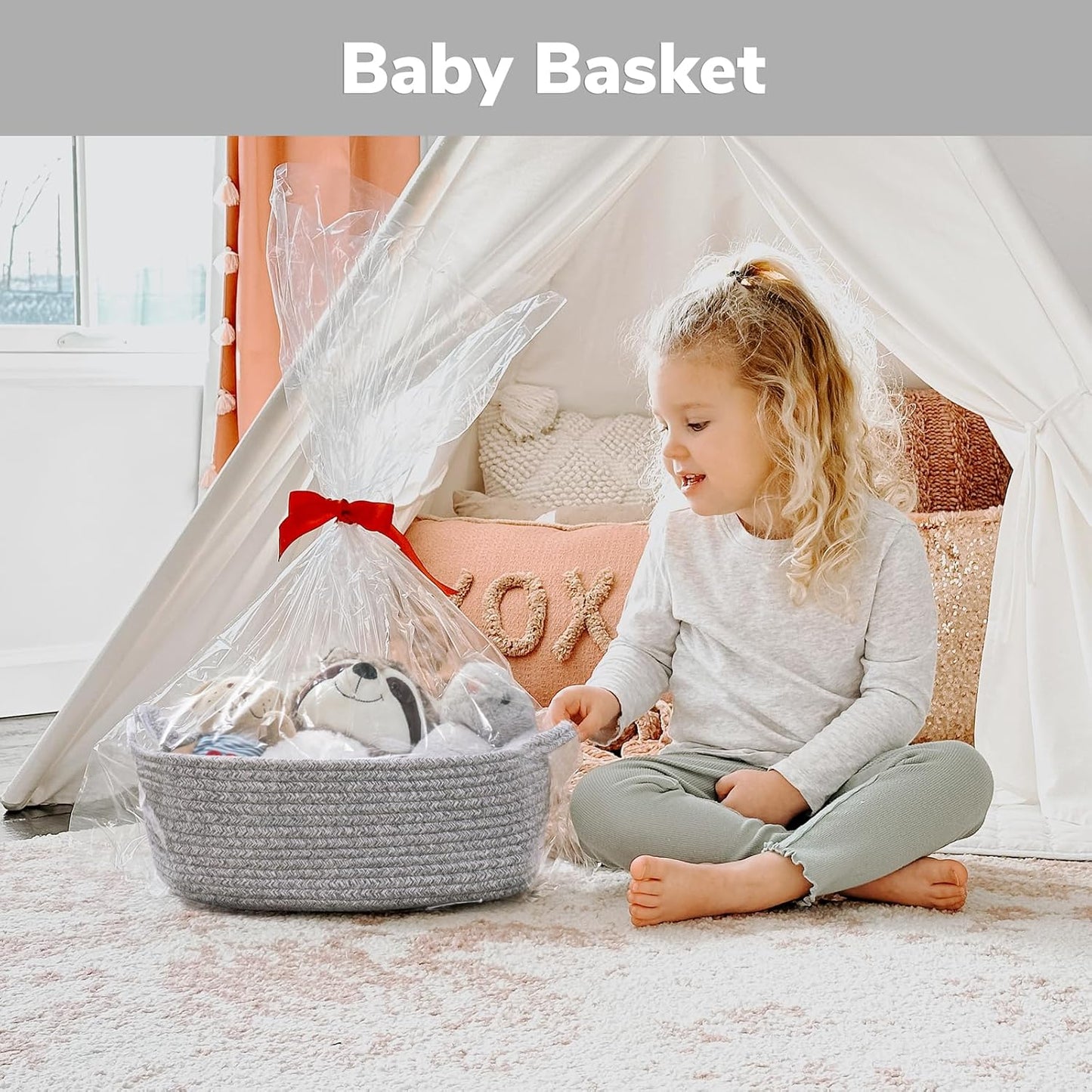 CHICVITA Decorative Gift Basket, Easter Basket for Kids, Woven Rope Storage Baskets with Handles, Nursery Baby Shower Toy Organizer, Grey, 13 x 9.8 x 5 inches