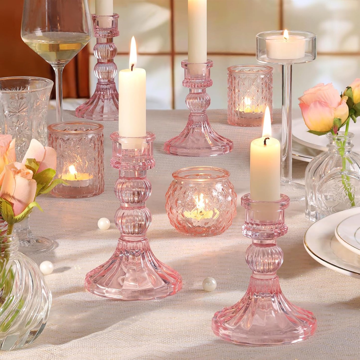 DARJEN 6Pcs Gold Candlestick Holders Set - 4" H & 5" H Striped Taper Candle Holders Bulk, Glass Candle Holders for Wedding, Festival, Party, Table Centerpiece, Gifts