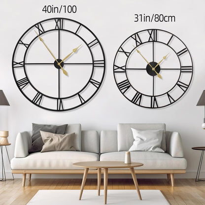 LEIKE 16" Large Wall Clocks Battery Operated, Round Modern Silent Non-Ticking Black Metal Wall Clock for Living Room Decor, Bedroom Kitchen (40cm Diameter, Black Roman Number)