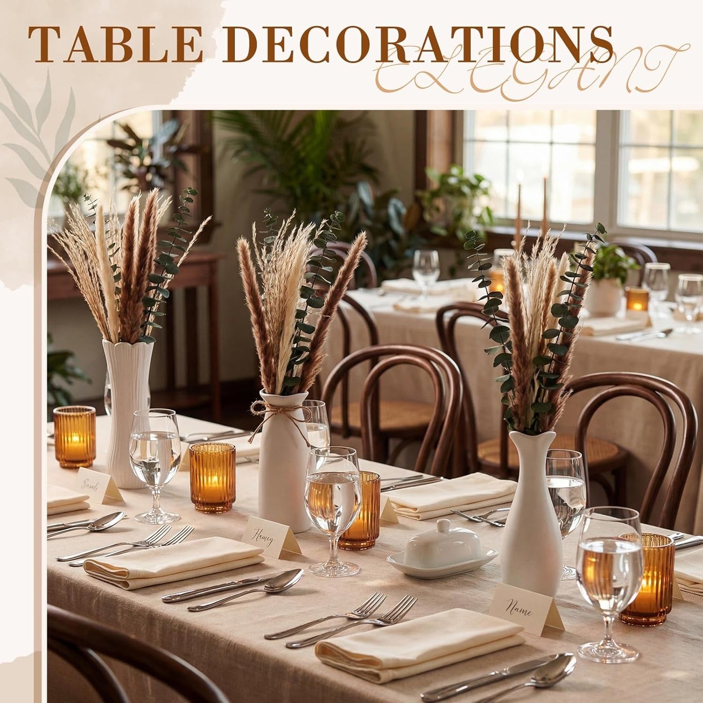 Hushee 3 Set 60 Pcs Dried Pampas Grass with Vase for Table Decor, Boho Ceramic Vase with Eucalyptus Dried Flowers Bouquet, 16" Boho Rustic Fluffy Flowers for Wedding Mantel Entryway Kitchen Home Decor