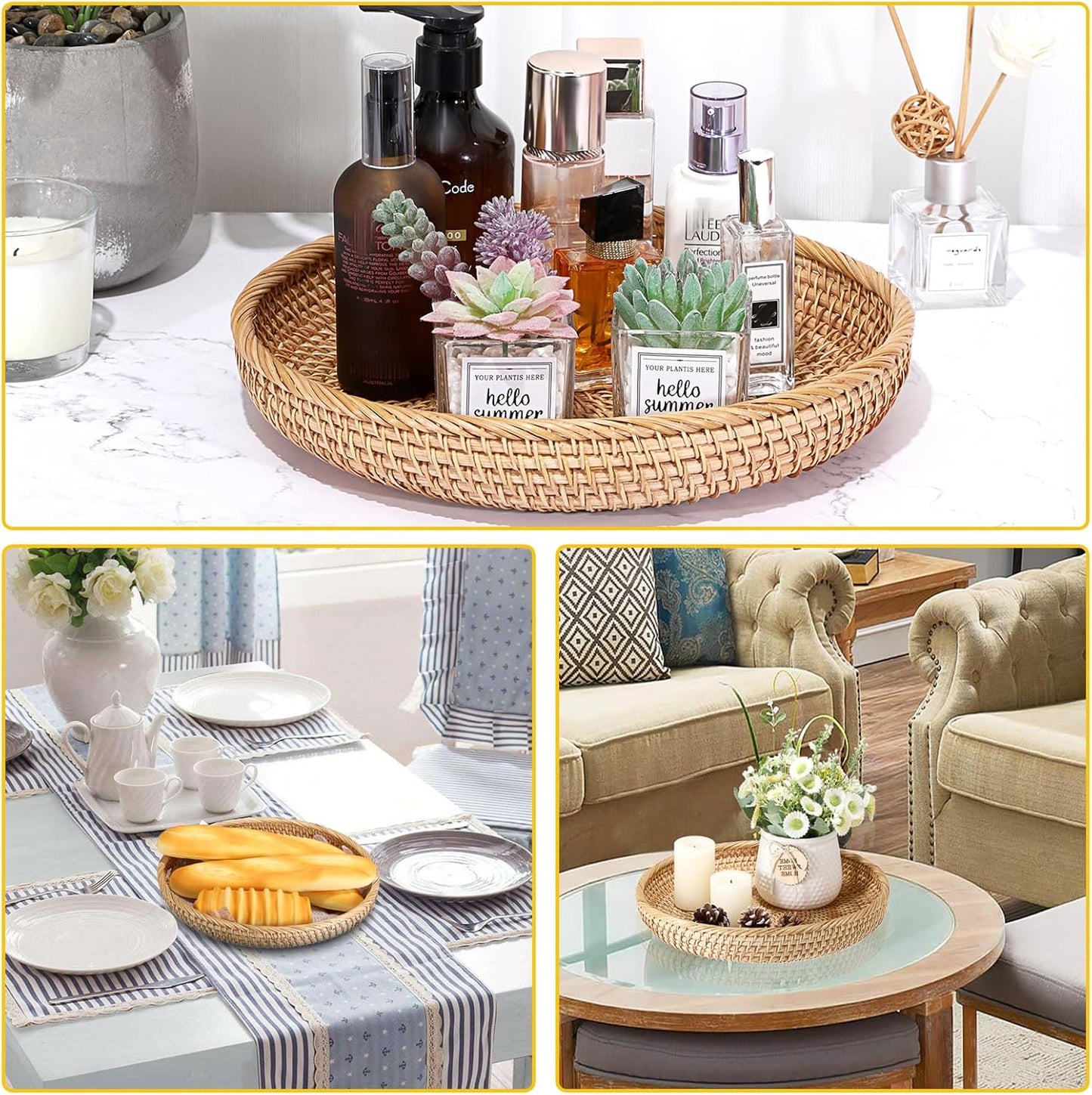 Hipiwe Small Key Basket Bowl for Entryway 7.6" Round Woven Wicker Basket Fruit Serving Tray Woven Basket Wall Decor Rattan Organizer Basket for Keys, Wallet,Whitewash