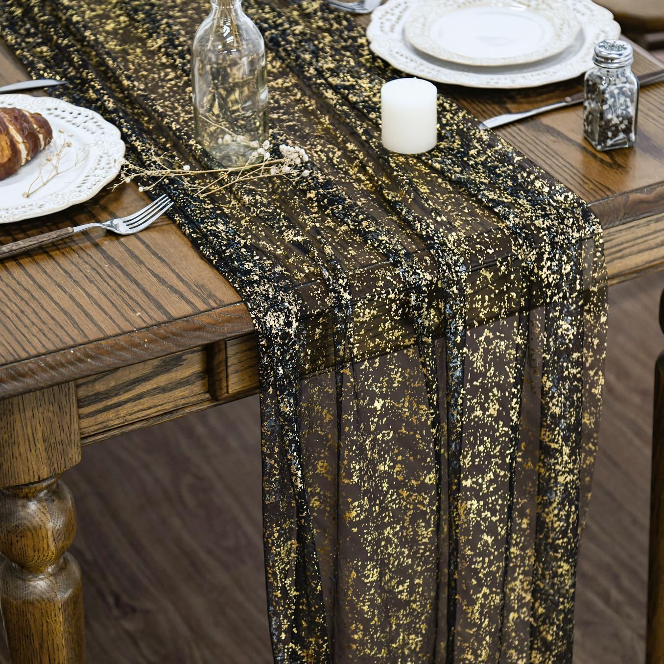 Artoid Mode Beige Gold Gauze Table Runner 120 Inch 10FT, Glitter Metallic Foil Sheer Dining Wedding Anniversary Holiday Birthday Table Decor for Home Party