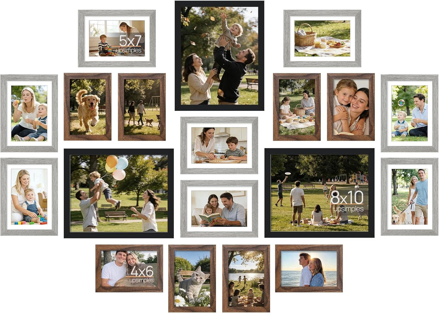 upsimples 19 Pack Picture Frames Collage Wall Decor for Mounting or Tabletop Display, Photo Gallery Frame Set for Family, Multi Sizes Including 8x10, 5x7, 4x6, Brown