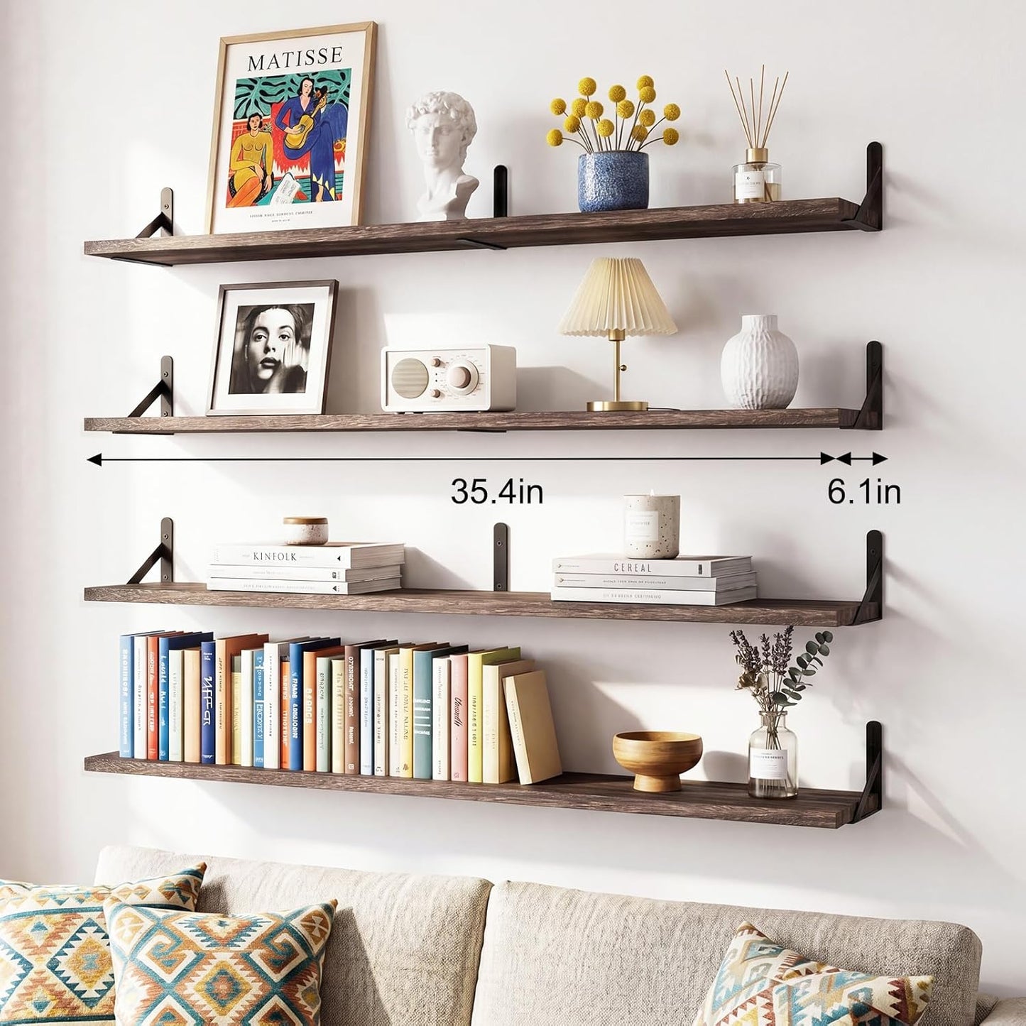 YGEOMER Floating Shelves for Wall, Different Sizes Dark Carbonized Brown Wall Shelves for Living Room, Bathroom, Bedroom, Kitchen, Home Decor (Set of 4)