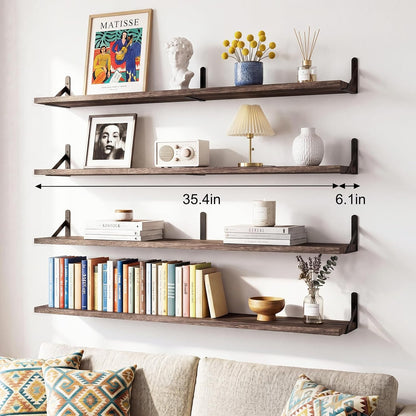 YGEOMER Floating Shelves for Wall, Different Sizes Dark Carbonized Brown Wall Shelves for Living Room, Bathroom, Bedroom, Kitchen, Home Decor (Set of 4)